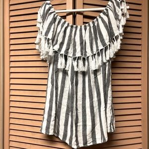 Gray & White Off the Shoulder Too with Tassels